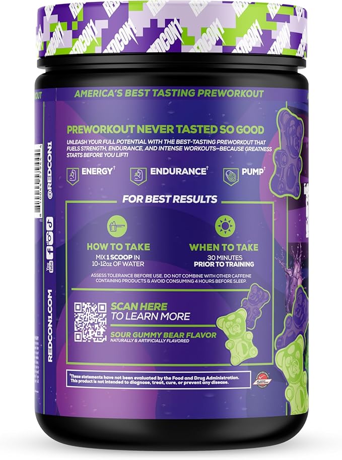 REDCON1 Total War Reloaded Pre Workout, Sour Gummy Bear - Creatine, Beta Alanine + L-Citrulline Malate Keto Friendly for Men & Women with 350mg of Caffeine - Fast Acting (30 Servings)