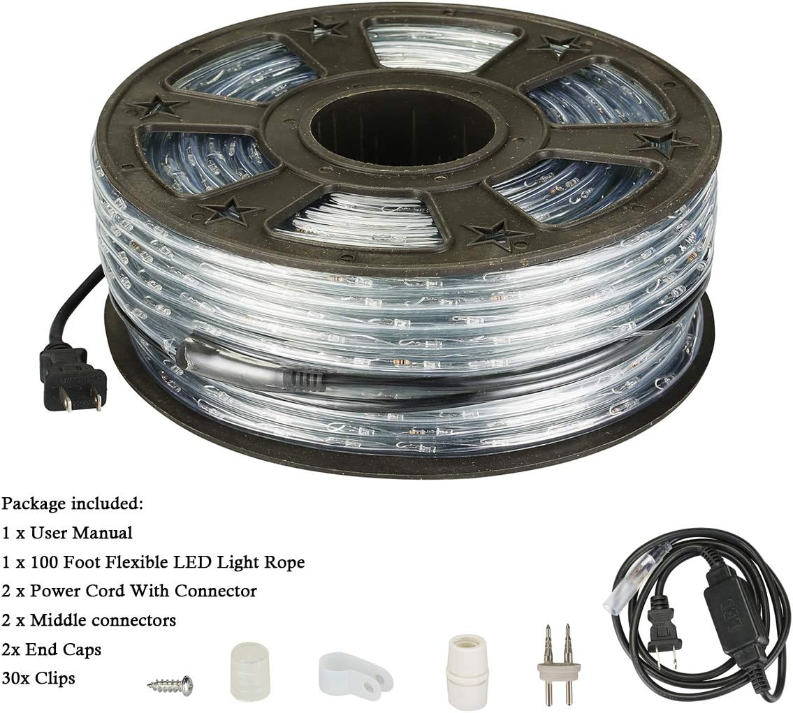Skiennix 100Ft LED Rope Lights - Warm White, Waterproof Indoor/Outdoor | Cuttable, 1080 LEDs for Garden & Holiday Decor
