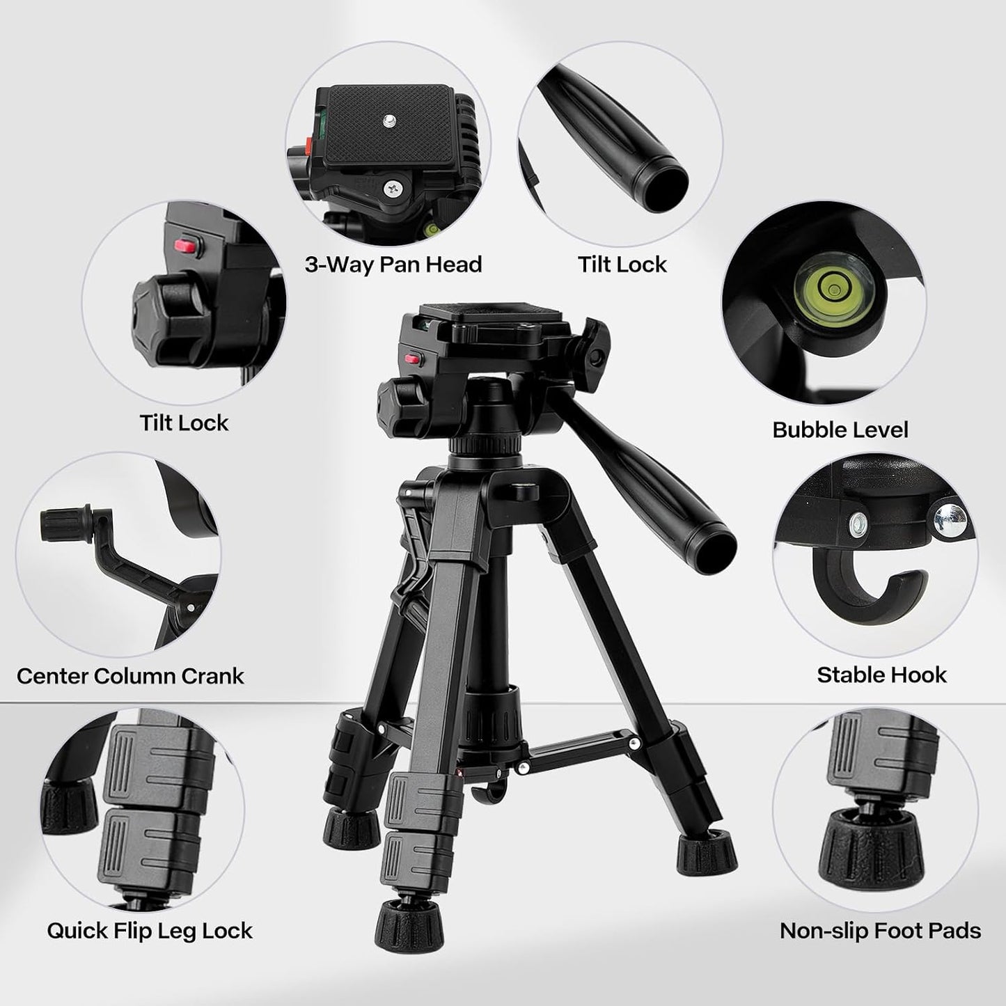 Kalofaye 25" 3 Mini Tripod for Camera & Phone, Aluminum Alloy Portable Tabletop Tripod with Way Pan Tilt Head, Handle