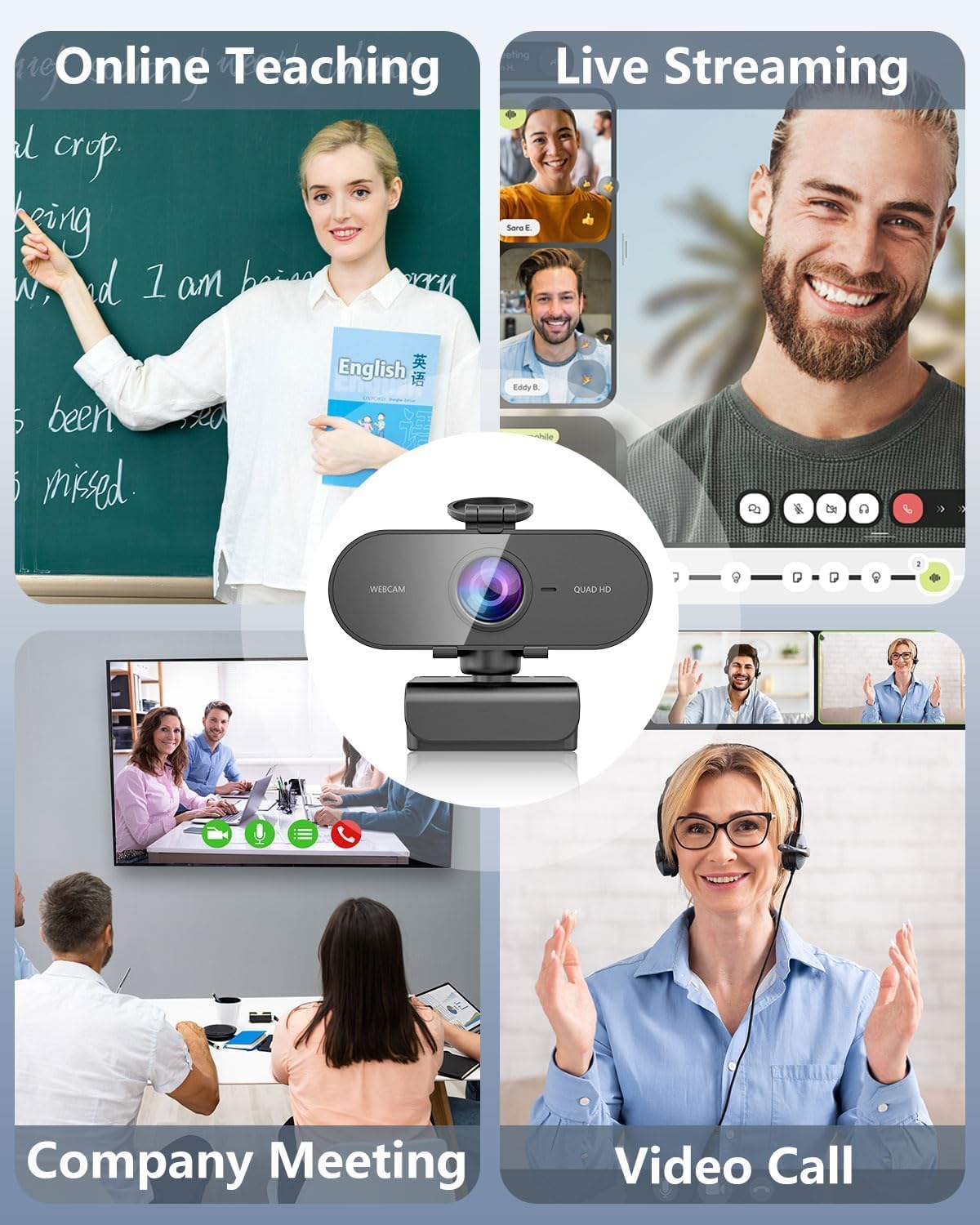 QMKKX 2K Webcam for pc with Microphone,Privacy Cover Slider Streaming Web cam for Mac Laptop,USB External Computer