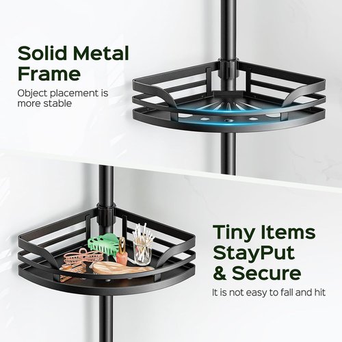 HAMITOR Shower Caddy - Rustproof Adjustable Tension Pole Organizer | 47-121 Inches - Black Bathroom Shelf for Shampoo Storage