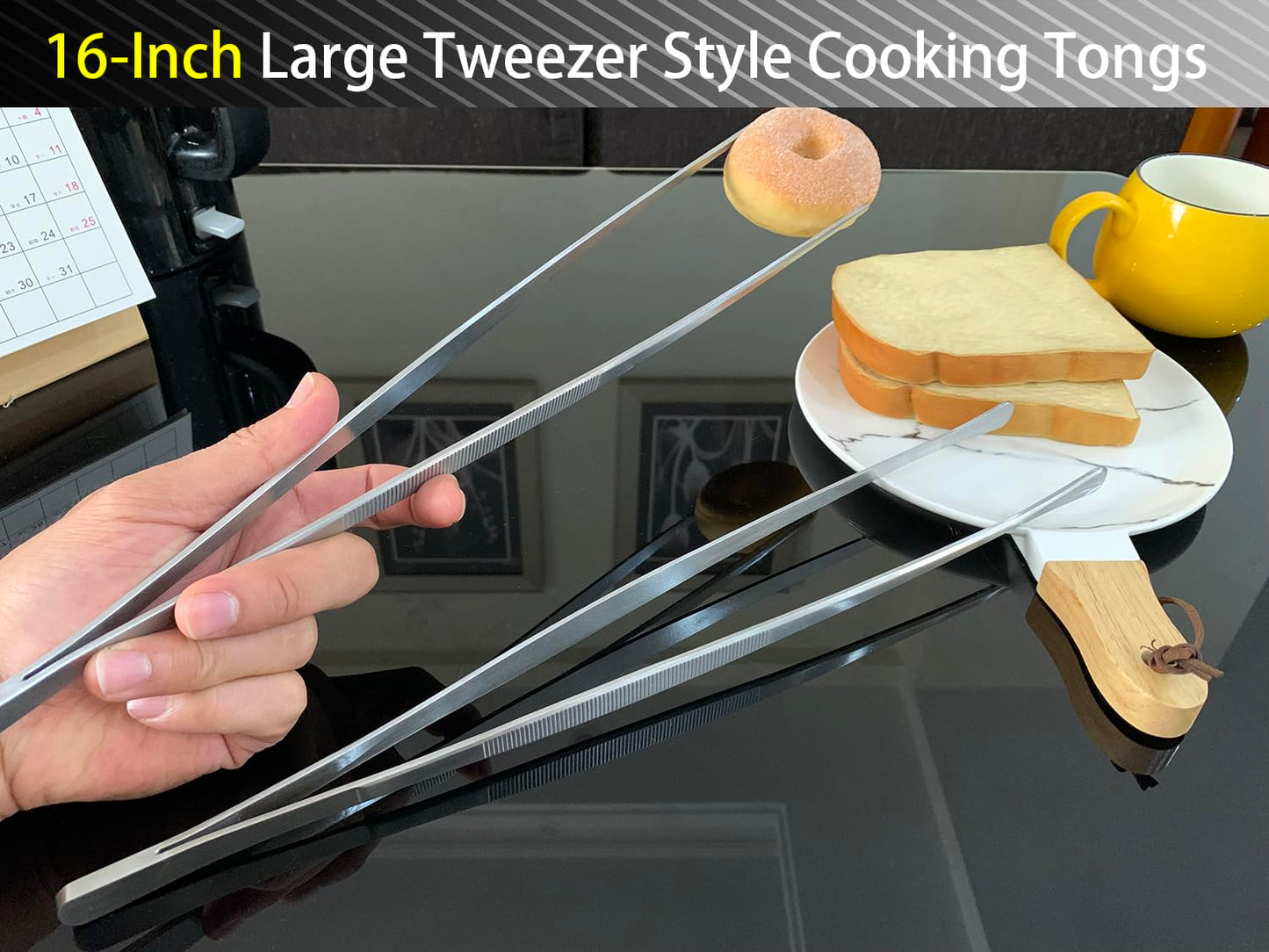 JETKONG 2 Pcs 16'' Tweezer Tongs, Extra Large Food Tweezers, Extra Long Kitchen Tweezers for Cooking Repairing and BBQ (16-Inch, Silver)