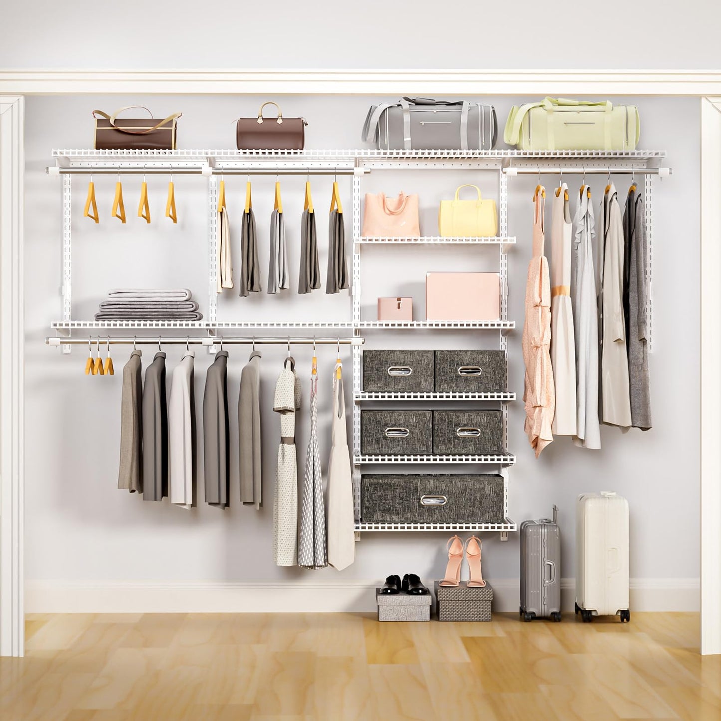 Vilaxing Wire Closet Organizer System, Wall Mounted 8.7 Ft. Custom Closet Kit for Bedrooms Laundry Mudroom Garage Basement, Adjustable Storage Shelves for Clothes Shoes Handbags