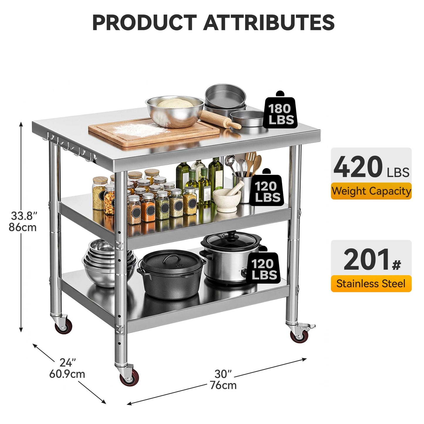DWVO 30x24in Stainless Steel Table, NSF Metal Prep Worktable with 2 Adjustable Shelves & Wheels for Kitchen Restaurant Hotel Garage Warehouse Home
