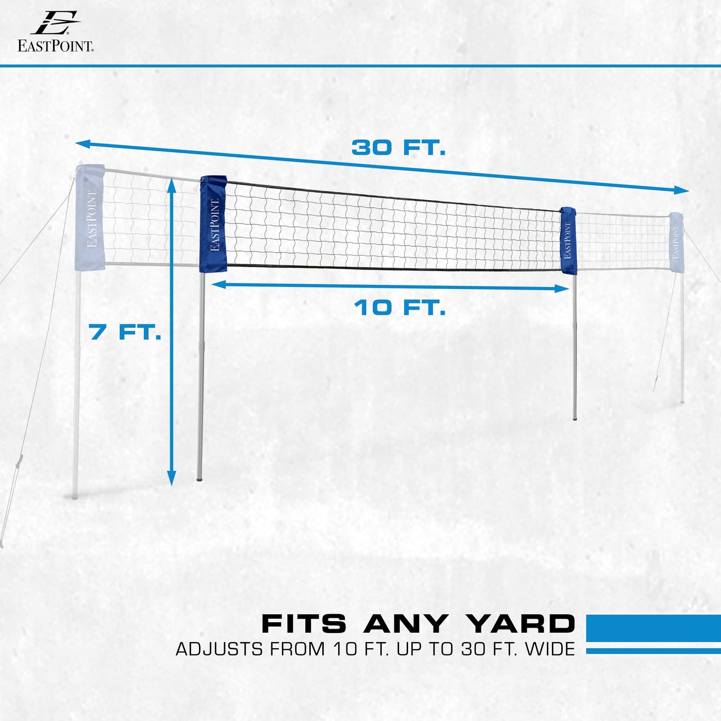 EastPoint Adjustable Volleyball Net - 10-30 ft - Easy One-Person Setup Portable Court Kit - Competition-Grade Volleyball Training Equipment - Outdoor Play Net for Backyard & Beach Play