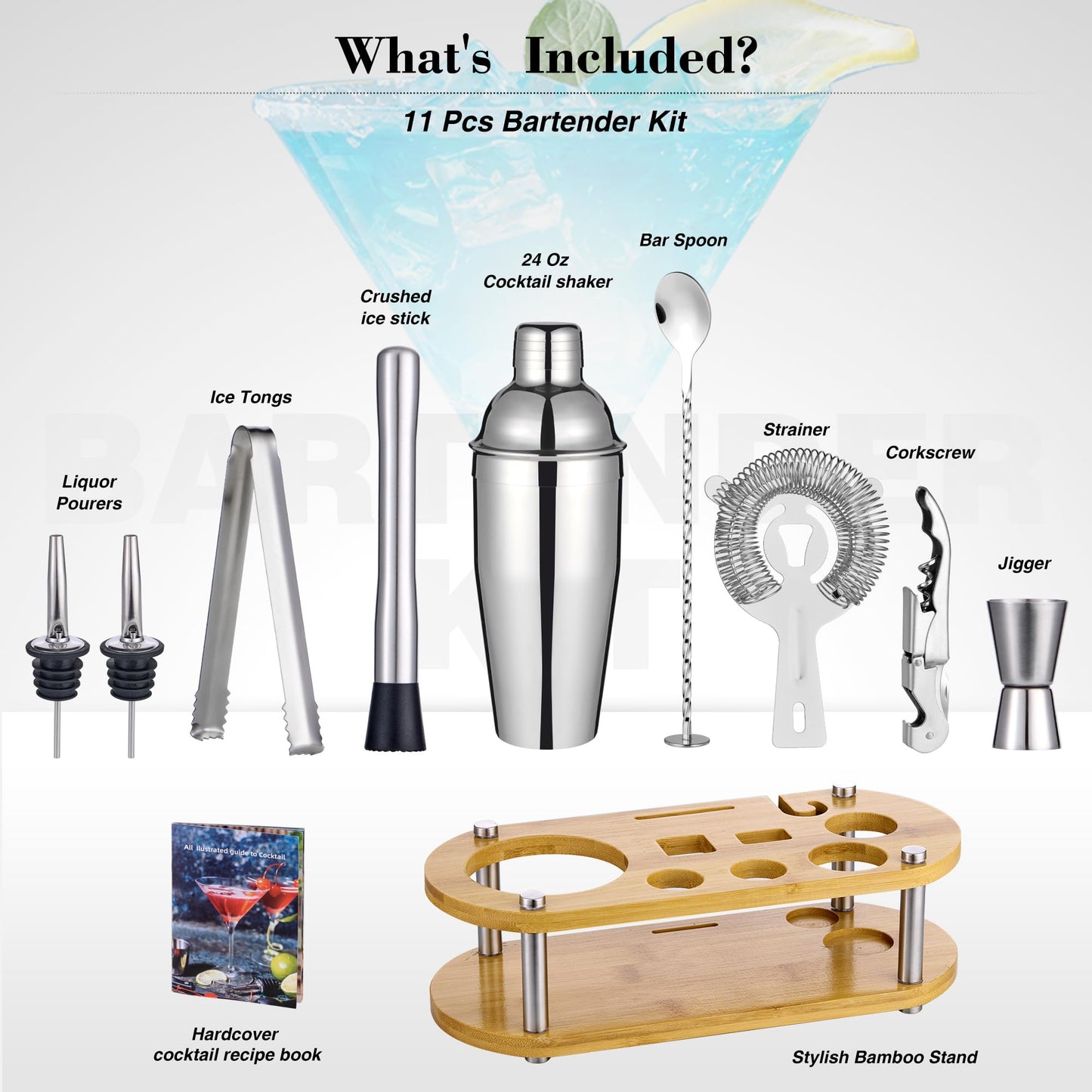 Cocktail Shaker Set Bartender Kit - 11 Pcs Bar Tool Set with Bamboo Stand & All Bar Accessories: Martini Shaker, Strainer,Jigger, Muddler, Mixer Spoon Barware Kit, for Bar, Home Lounge & Party