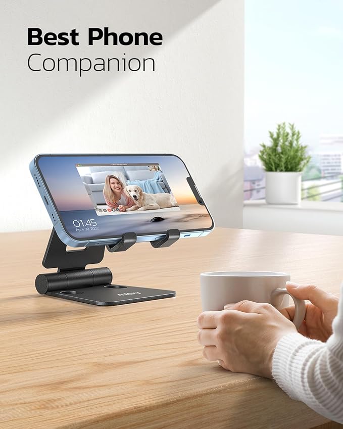 Nulaxy 2 Pack Fully Aluminum Dual Folding Cell Phone Stand, Adjustable Foldable Desktop Phone Holder for Desk Compatible with iPhone 17 16 15 14 13 12 11 Pro Max Xs Xr X 8, All Phones, Black & Silver