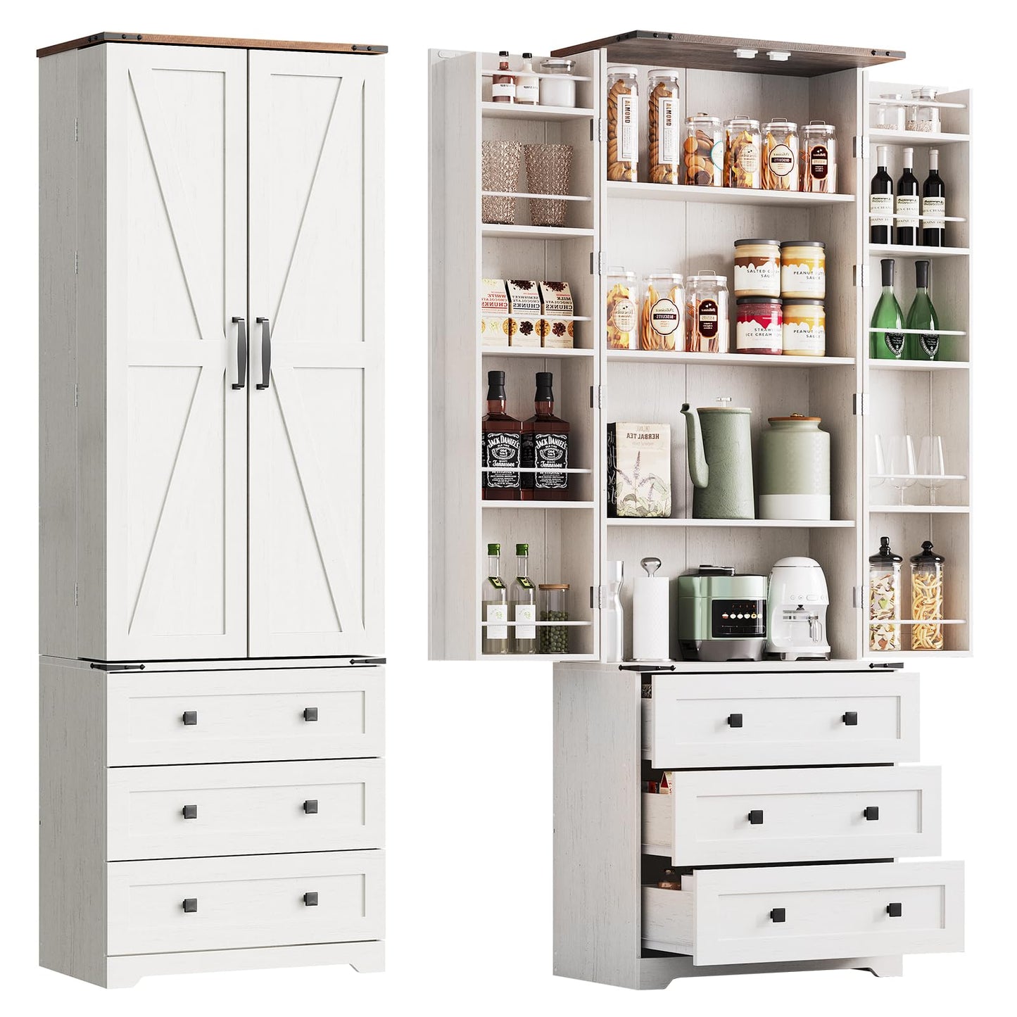 72'' Tall Kitchen Pantry Cabinet, Freestanding Tall Cupboard Storage Cabinet with 2 Barn Doors & 3 Drawers, Adjustable Shelves, Large Farmhouse Pantries for Living Room, Dining Room