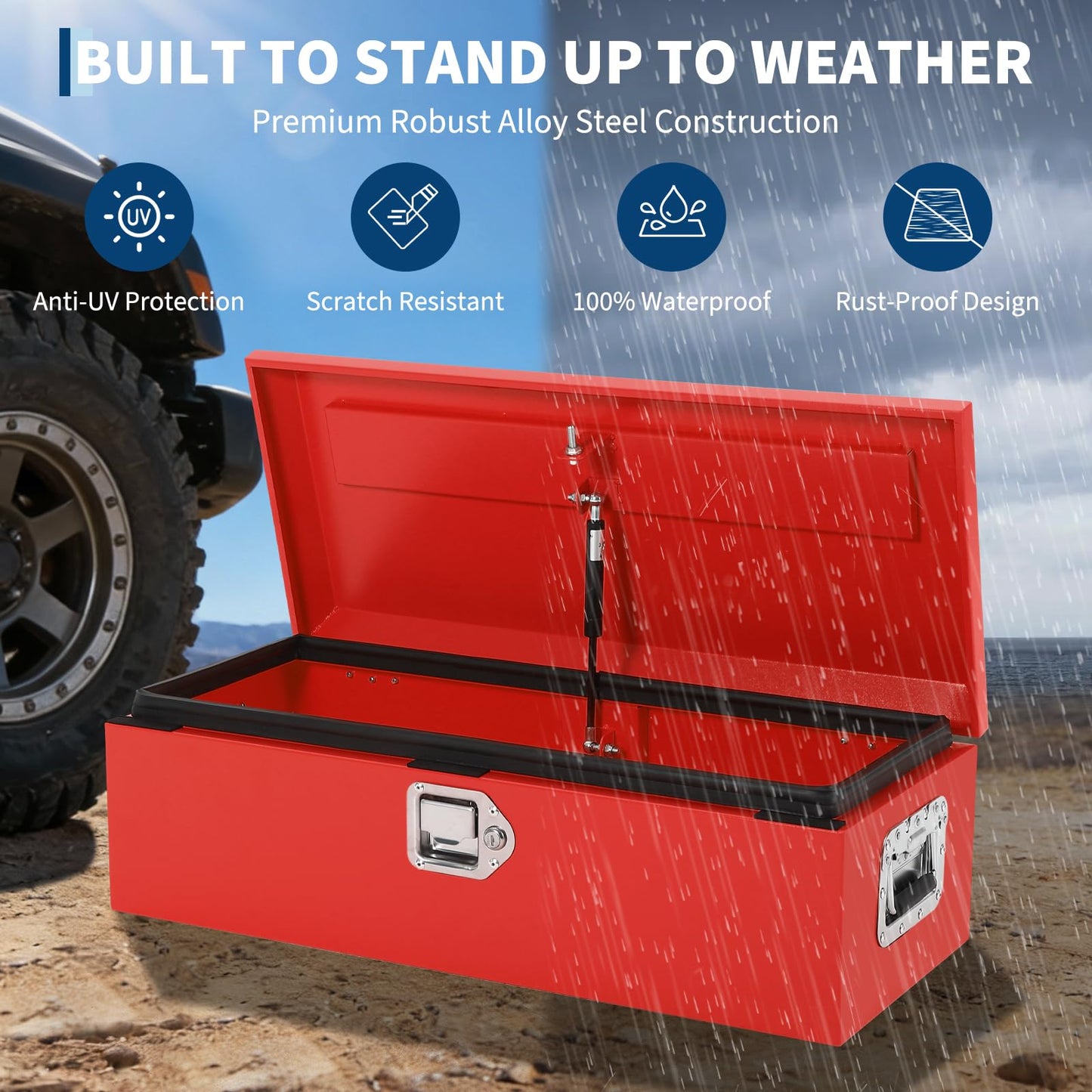 48" Heavy Duty Steel Metal Tool Box for Truck Bed, Lockable Weatherproof Crossbed Storage Box with Gas Strut Lid and Safety Hinge, Heavy Duty Steel Metal Truck Bed Tool Box for Pickup, Trailer, RV