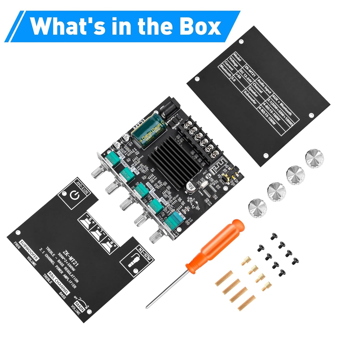 ZK-MT21 Board,50W+50W+100W 2.1 9-24V, Daakro Bluetooth Amplifier Channel Subwoofer Amp Board with Treble/Bass/Sub