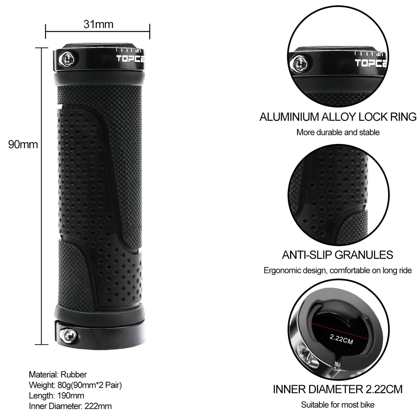TOPCABIN Bike Handlebar Grips,Short Mini Bicycle Handlebar Grips Two-Color Rubber Bike Grips Fit Many Standard Bikes 2PCS 90MM Length (Aluminum Double Lock(Black90mm))