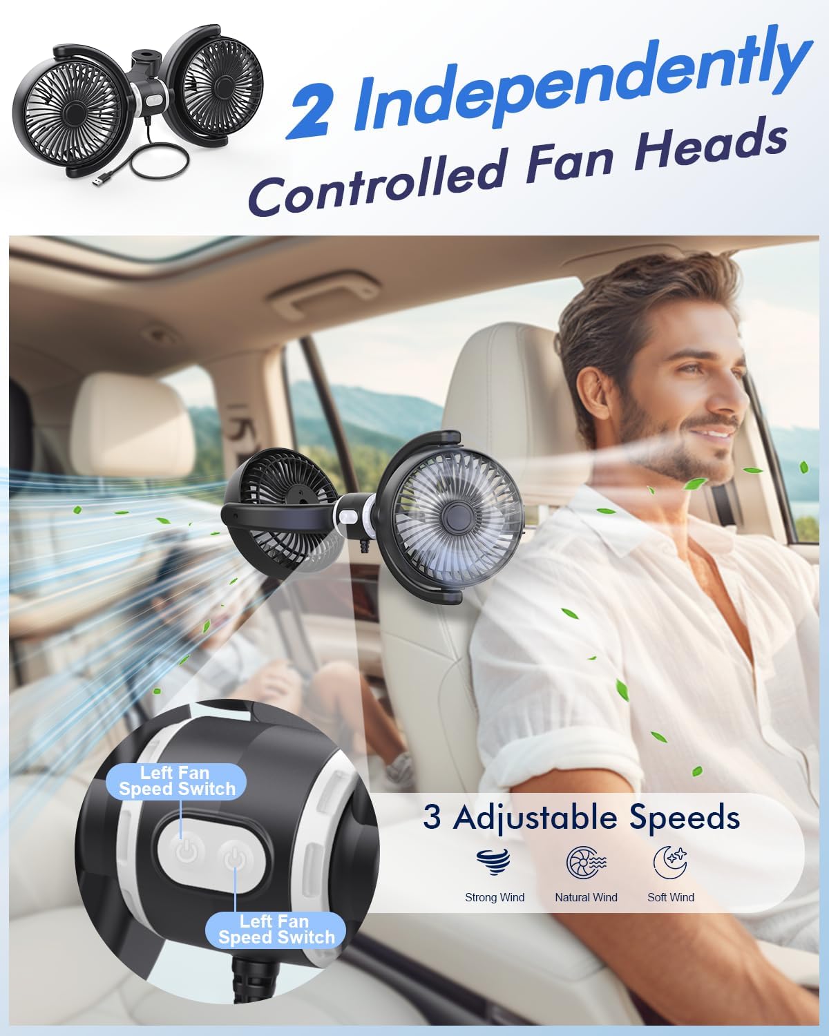 3 360 5V 2A Car Fan USB Powered for Baby: Dual Car Cooling Fans for Backseat Speed Separate Controlled Quiet Brushless