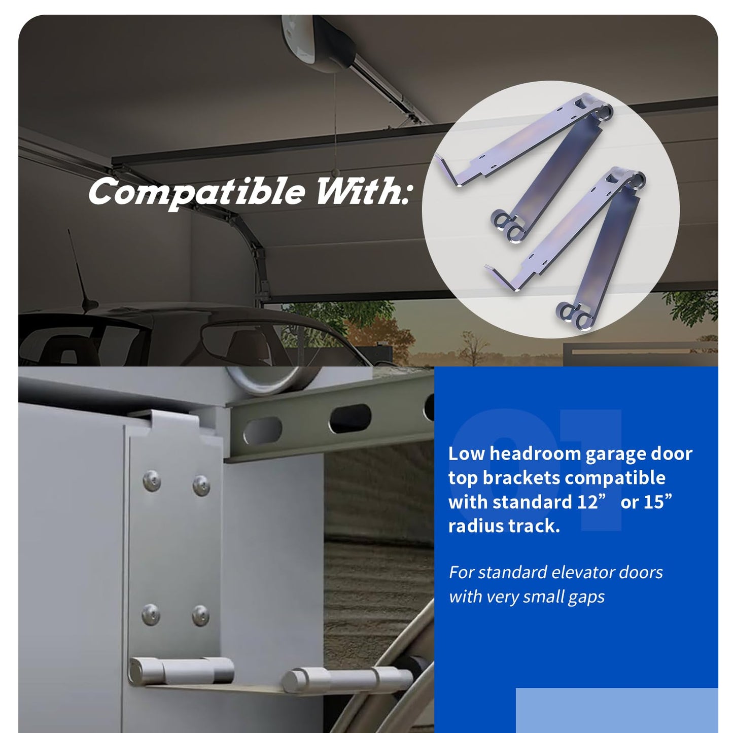 XTPTFABS 2Pcs Low Headroom Garage Door Top Brackets Compatible with Standard 12" or 15" Radius Track(for Standard Elevator Doors with Very Small Gaps)