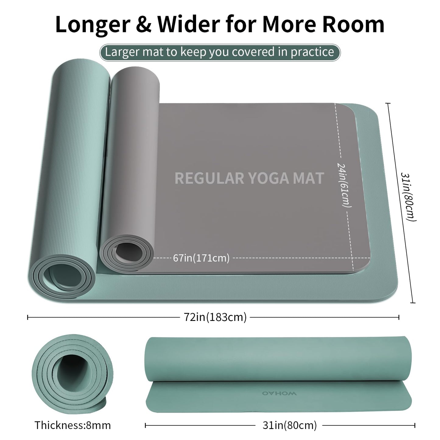 WOHAO 8mm Thick Non-Slip Yoga Mat - Large 72"x32", Eco-Friendly & Odorless with Carrying Strap, Extra Wide & Durable for Yoga, Pilates & Home Gym (Dark Green)