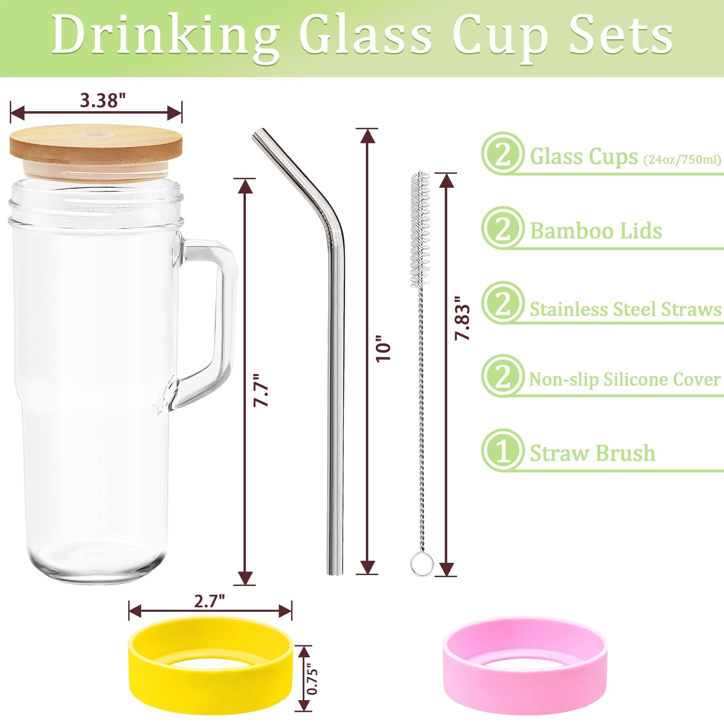 Glass Cups with Lids Straws 2Pack 24oz Mason Jar Tumblers Cup with Handle Wide Mouth Iced Coffee Cup Reusable Drinking Glasses Travel Mug for Smoothie Beer Juice Tea Gifts Clear