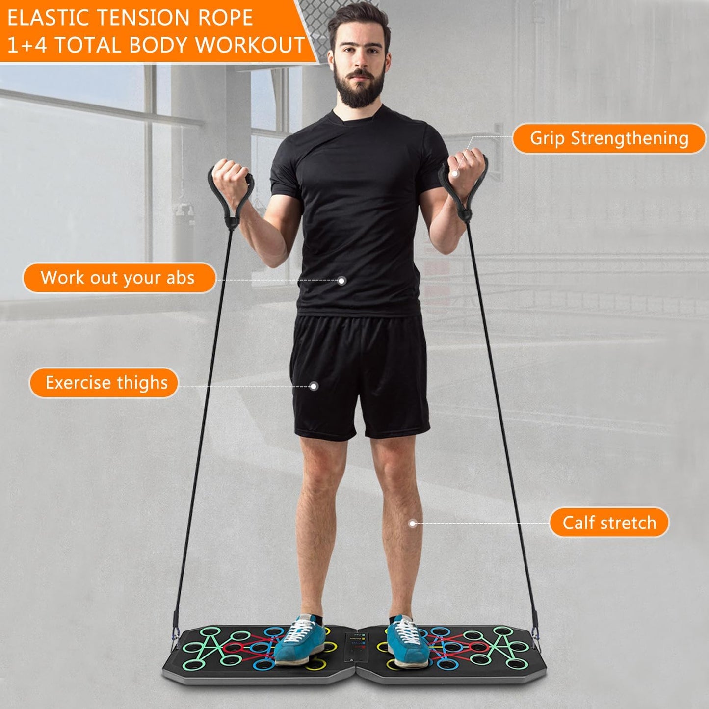 Push Up Board Fitness, BESUNTEK Foldable Multi-Function Exercise Board with Elastic Cord for Total Body Workouts, Portable Push Up Board for Floor (Basic Model)