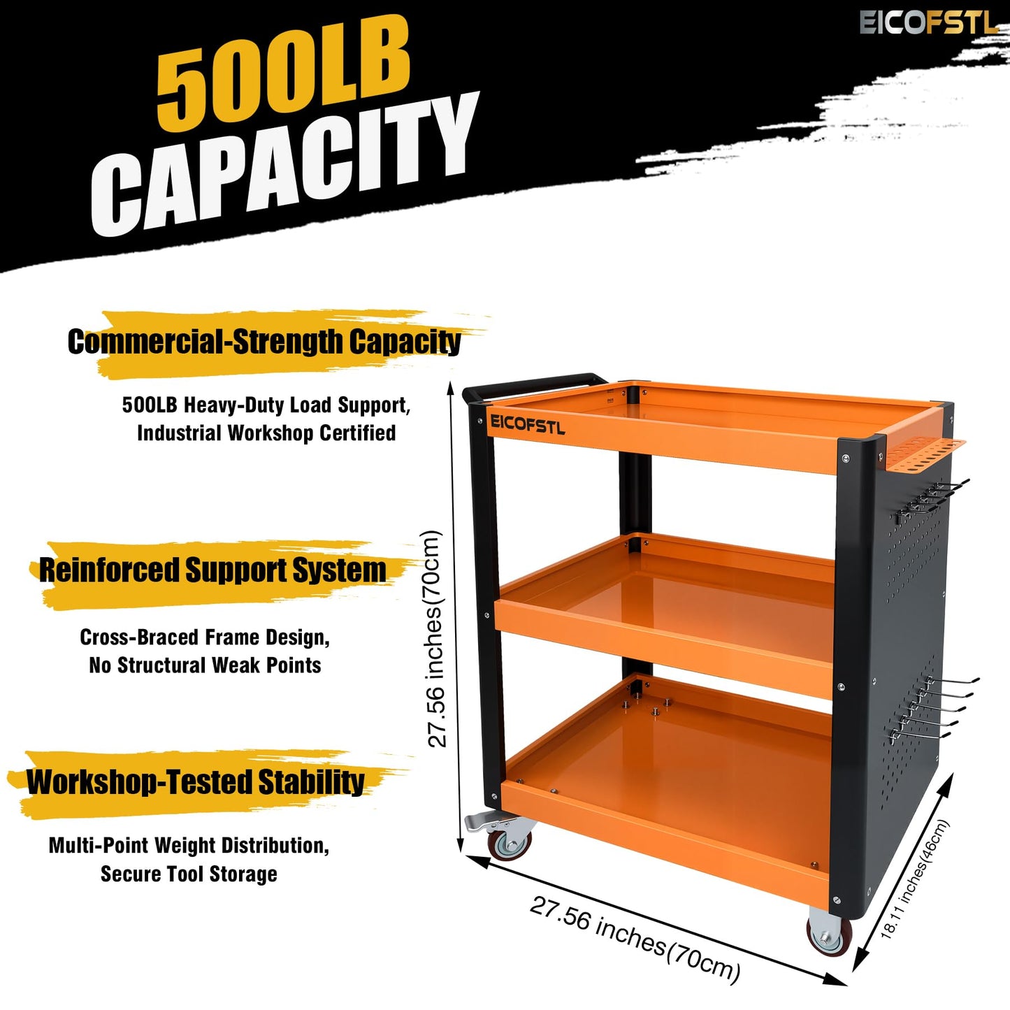 Heavy Duty Utility Cart with Pegboard, 3-Tier Metal Mechanic Tool Cart on Wheels, 500LBS Capacity Rolling Service Cart with Screwdriver Holder for Garage, Workshop, Warehouse