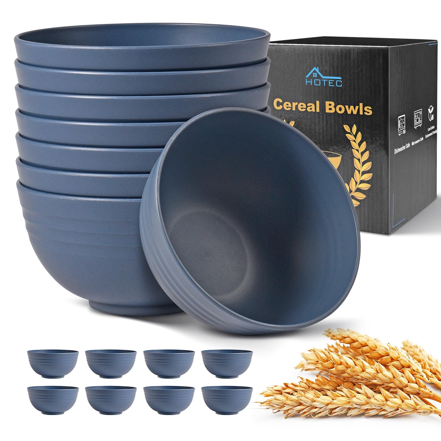 HOTEC BPA Free Unbreakable Wheat Straw Cereal Bowls - Microwave & Dishwasher Safe Soup and Salad Bowls, Set of 8, 26oz, Classic Blue