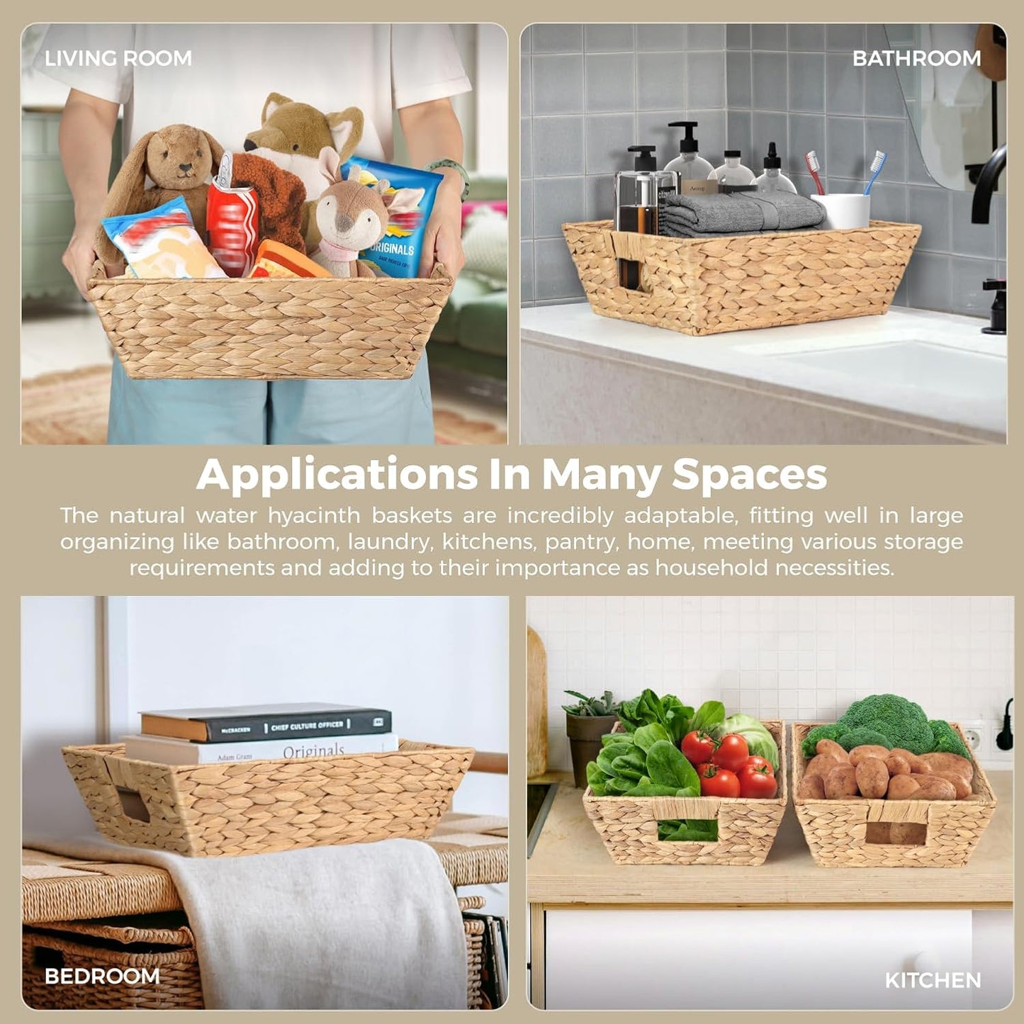 Water Hyacinth Snack Baskets by [Brand Name] - Set of 3 Wicker Organizers with Handles for Office Use