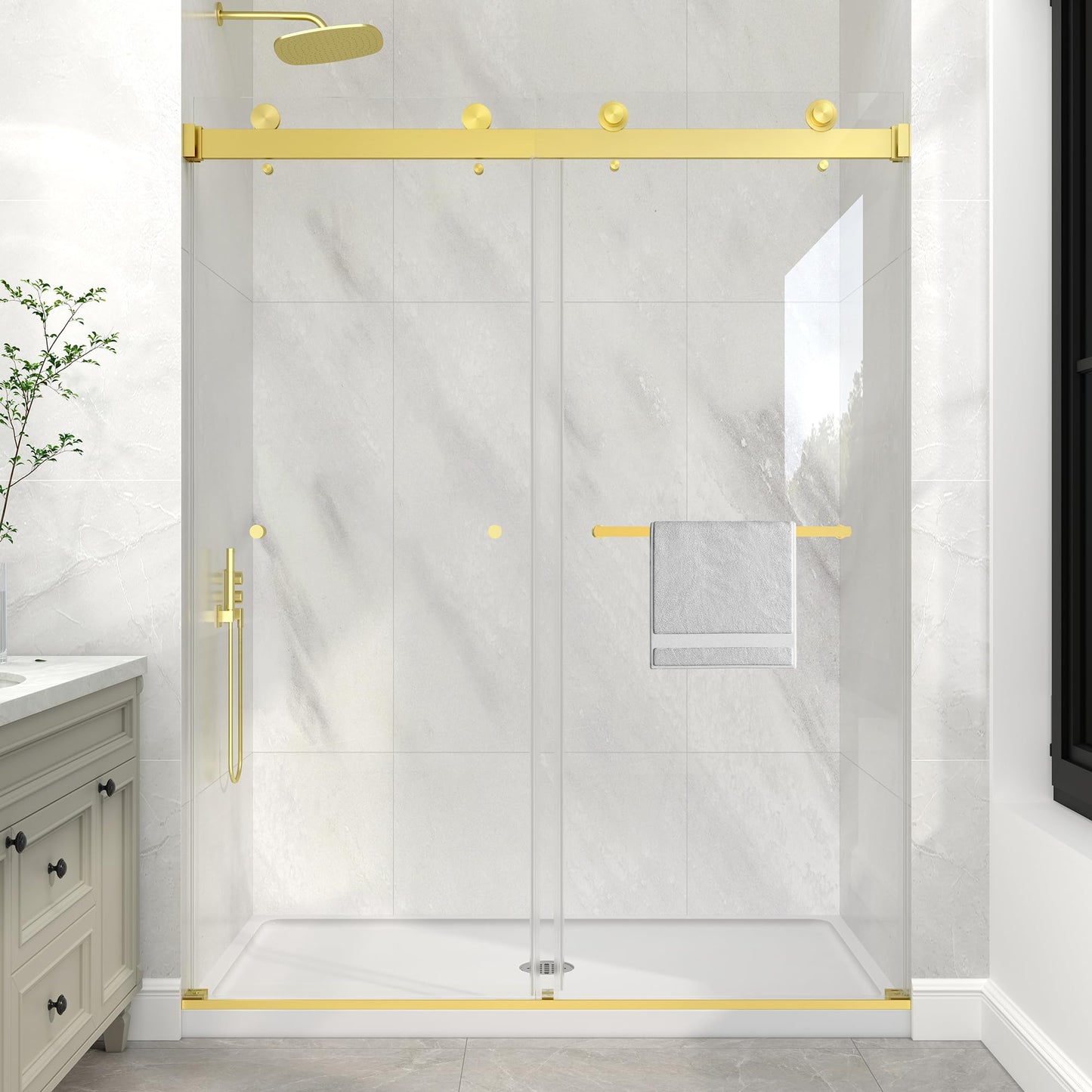 KPUY Frameless Shower Door, 43-48" W x 76" H Double Sliding Glass Shower Door, 1/4" (6mm) Thick Tempered Clear Glass with Explosion-Proof Film Nano Coating, Brushed Gold