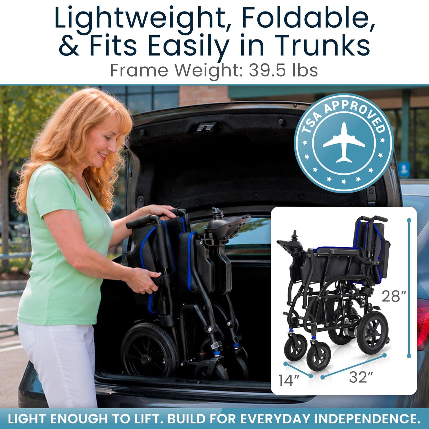 Vive Ultra Lightweight Electric Wheelchair for Adults - Foldable Power Wheel Chair - Collapsible, Folding, Ultralight, Motorized, Light Weight Travel Senior Folding Mobility Aid - Weighs Just 39 lbs