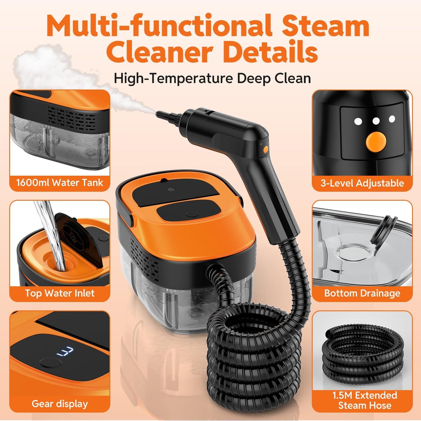 Skiennix Steam Cleaner - Fast Heating Handheld Steamer with 1.6L Tank & 16 Accessories | Ideal for Home & Car Cleaning