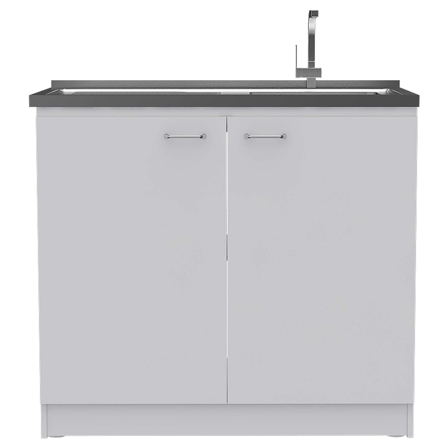 DEPOT E-SHOP Salento Utility Freestanding Sink with Cabinet 35.4" H x 39.3" W - Double Door, Two Shelves, Metal Handles, Aluminum Countertop, White, with Integrated Steel Sink
