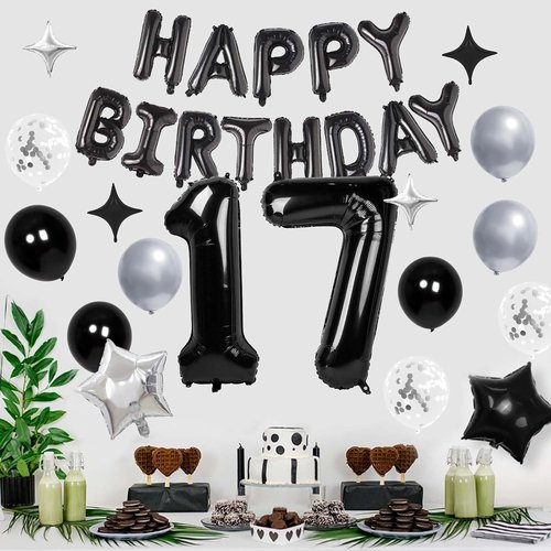 17 Balloon Numbers by [Brand Name] - Happy Birthday Foil Banner & Silver/Black Star Balloons