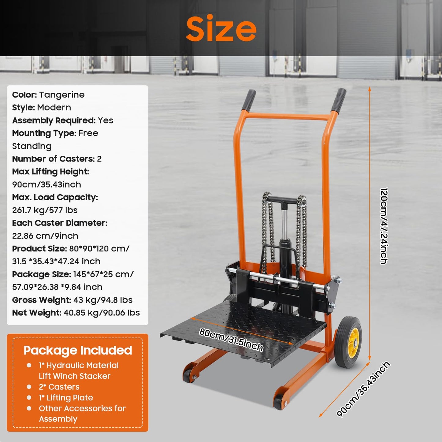 Hydraulic Material Lift Pallet Truck, 577LBS Capacity Adjustable Lift Stacker Heavy-Duty Hydraulic Material Lift Winch Stacker Forklift w/Removable Lifting Plate for Workshops Warehouses Factories