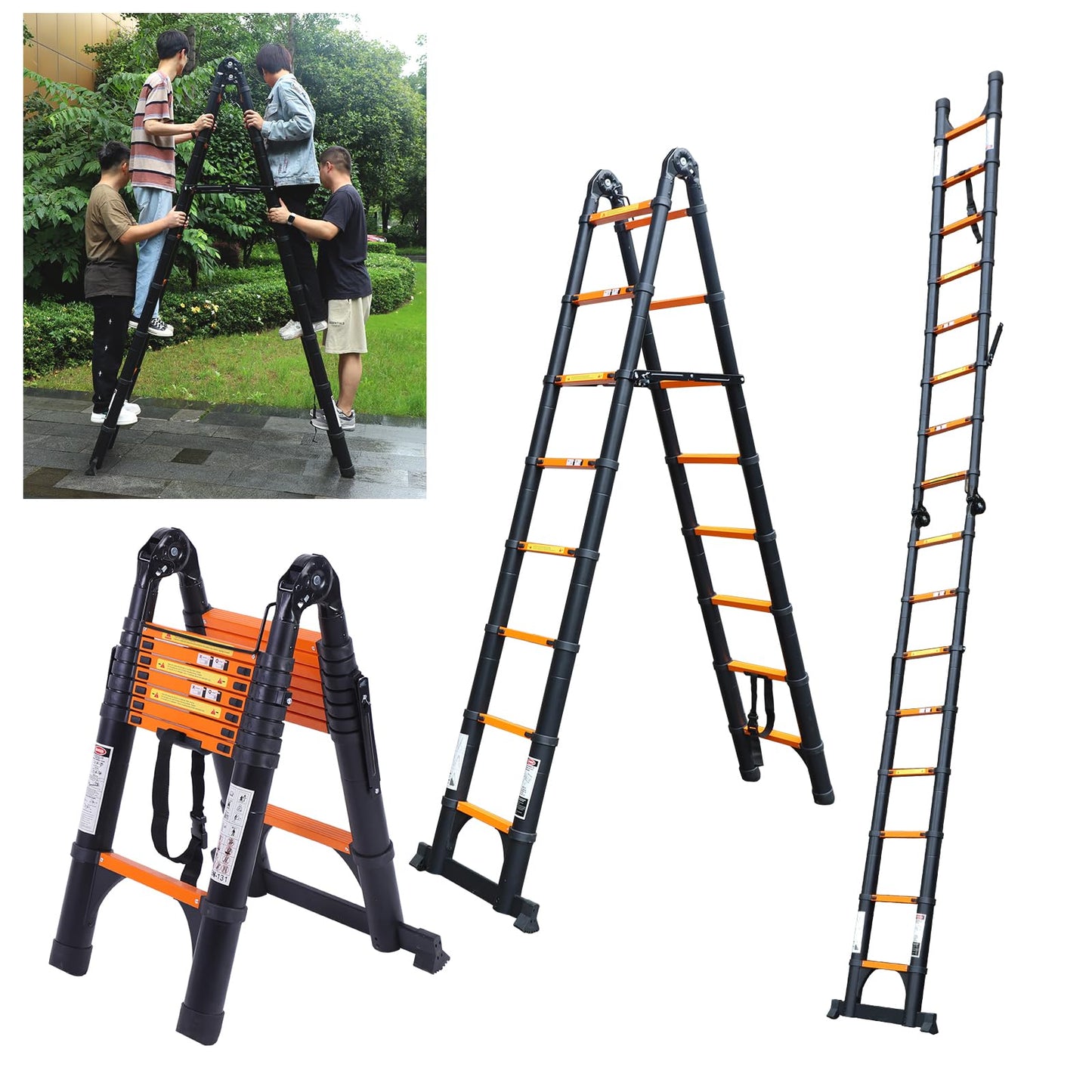 JADDUO Telescoping Ladder A Frame,18.5 Ft Compact Aluminum Extension Ladder,Portable Telescopic RV Ladder for Outdoor Camper Trips Motorhome with Tool Platform and Stabilizer Bar 330 lbs, Black Orange