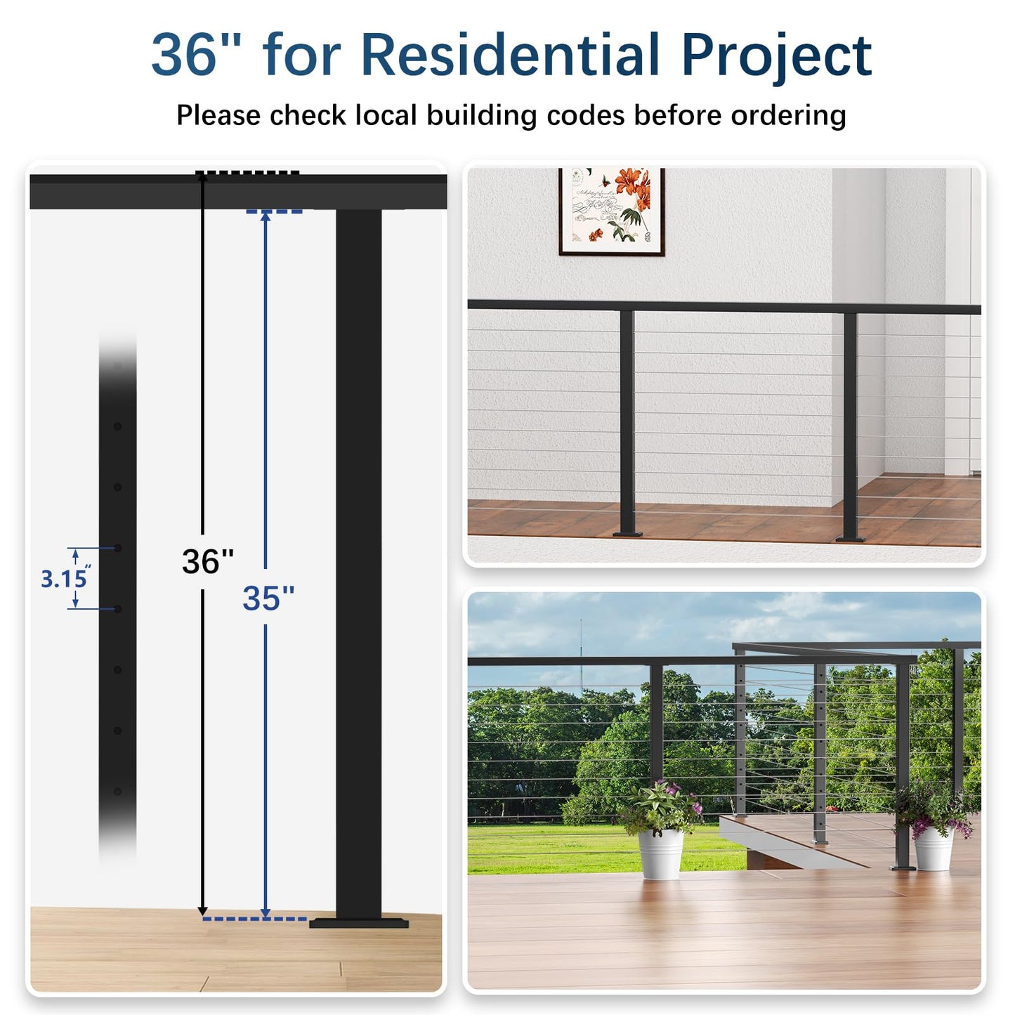Gyykzz 36" Black Cable Railing Post, Fixed Top Level Drilled Line Post with Cable Grommets, Surface Mount T304 Stainless Steel Wire Railing Handrail Post for Indoor Outdoor Deck Cable Railing System