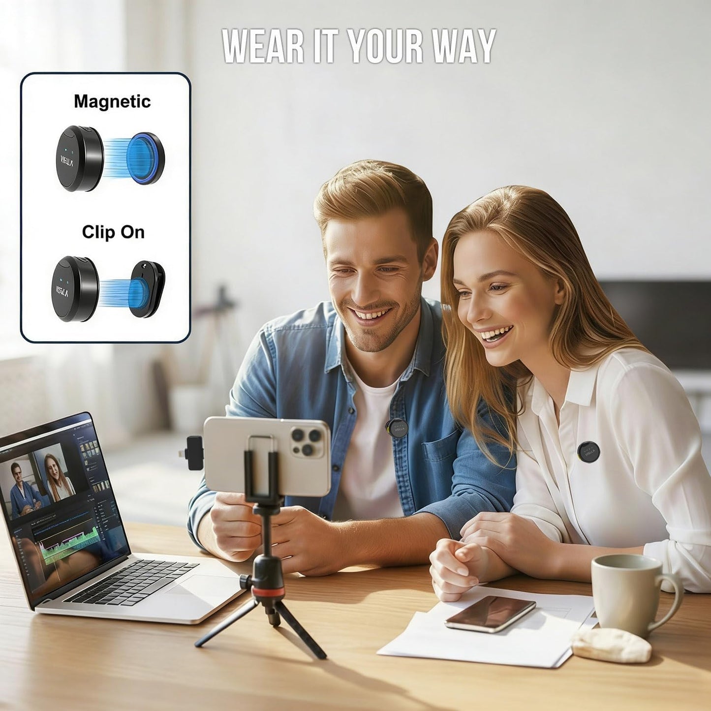 Vislla Mini Microphone for iPhone & Android, Furry Windscreen, Noise Cancelling Wireless Lavalier Microphone,Clip On
