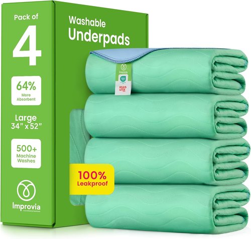 IMPROVIA® Washable Underpads - Heavy Absorbency Reusable Incontinence Pads | 34" x 52" (Pack of 4) for Kids, Adults, and Pets