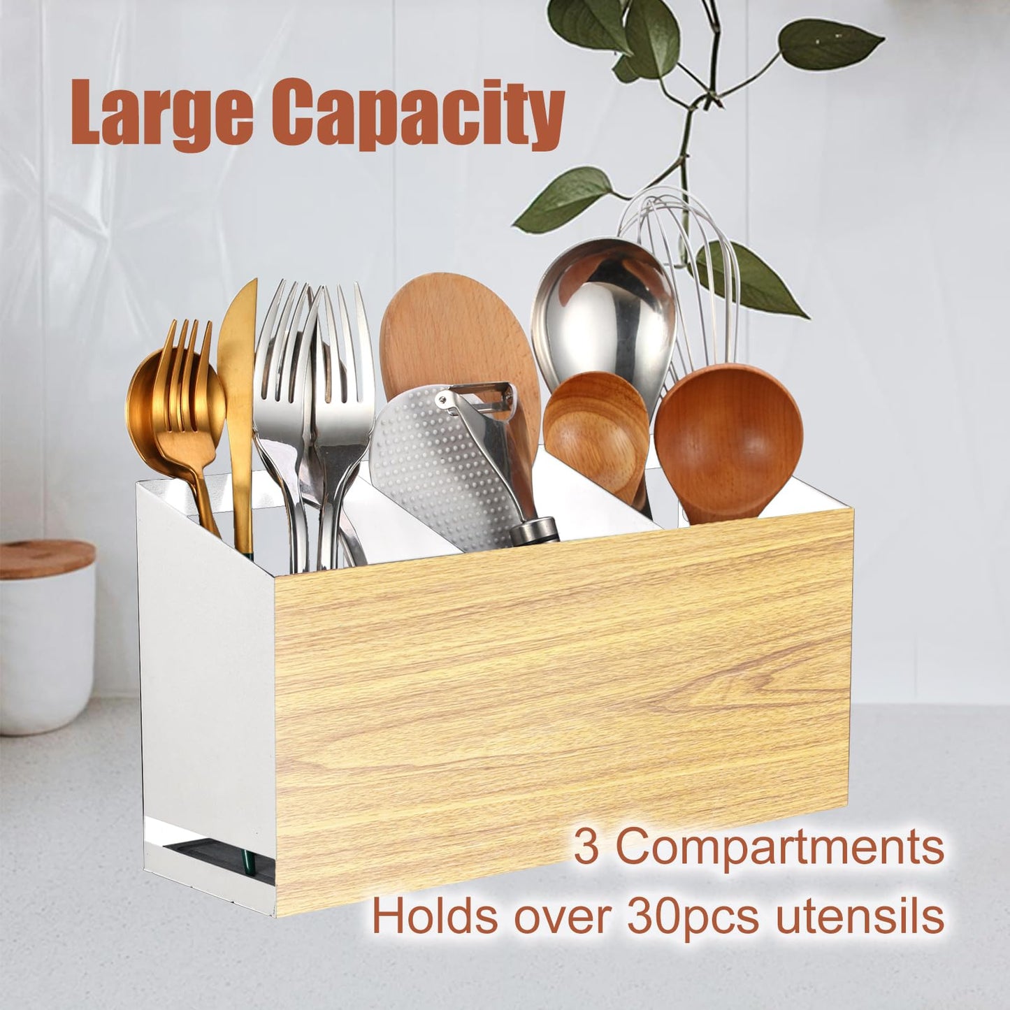 UPODA Utensil Holder Large Iron Flatware Container with 3 Compartments Countertop Wall-mounted Kitchen Utensil Storage (White)