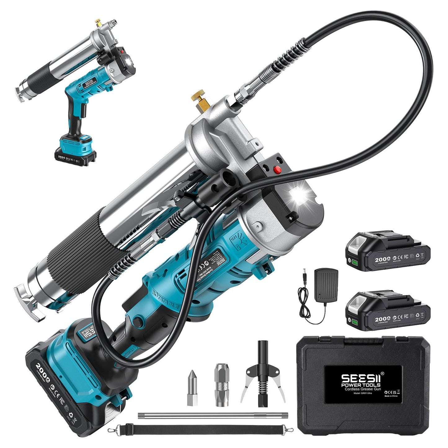 Seesii 2-in-1 Electric Grease Gun Kit – 12,000 PSI, 5.3 oz/min High-Flow, Cordless Design, Includes 2×2.0Ah Batteries, LED Light & 39.4” Flexible Hose, Perfect for Cars, Trucks, Farm & Heavy Equipment