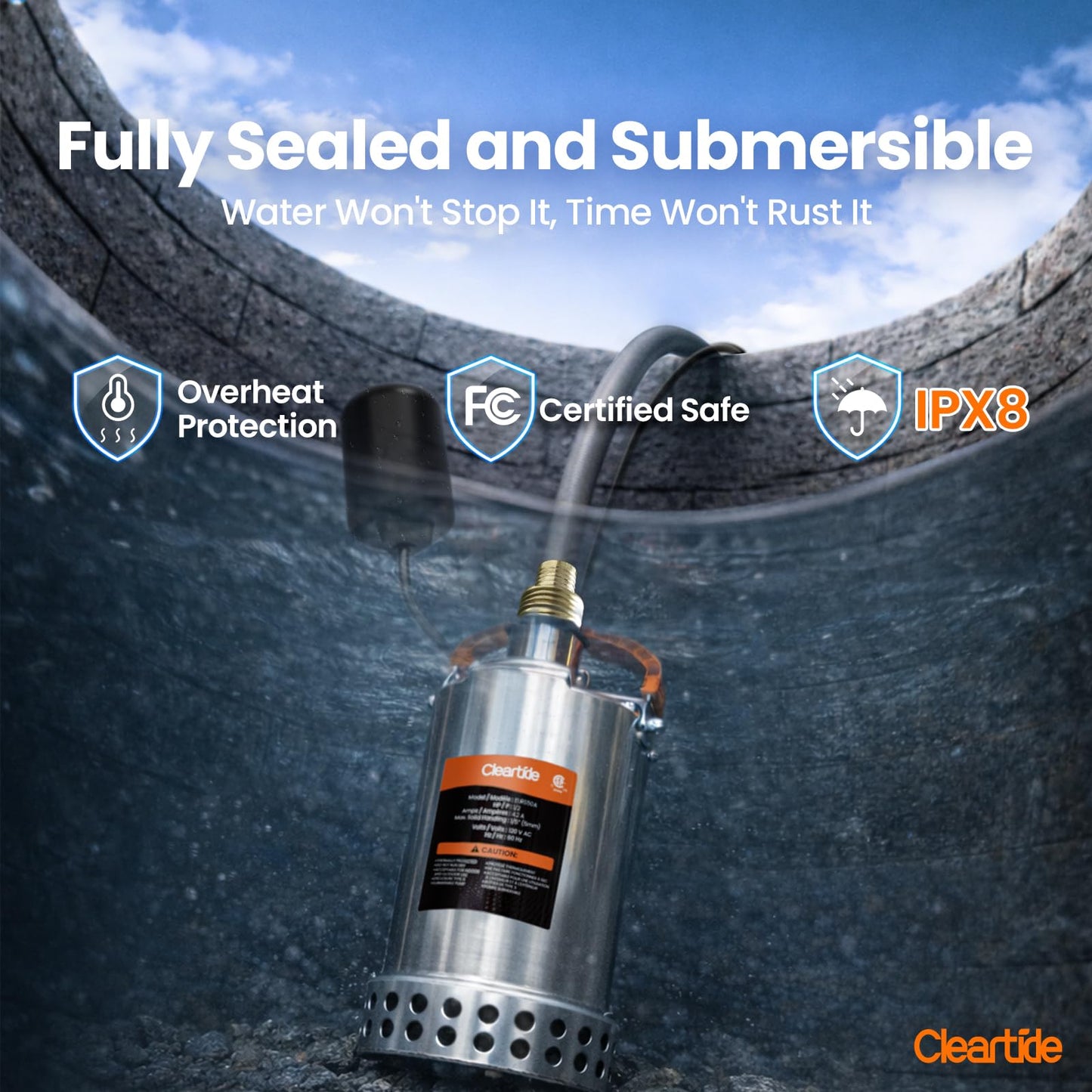 Cleartide Stainless Steel Submersible Water Sump Pump with Float Switch, 3/4 HP, 3780 GPH Ideal for Pool, Yard, Flooded Cellar & Basement, Hot Tub, Pond, and Garden Draining, 10 FT Cord
