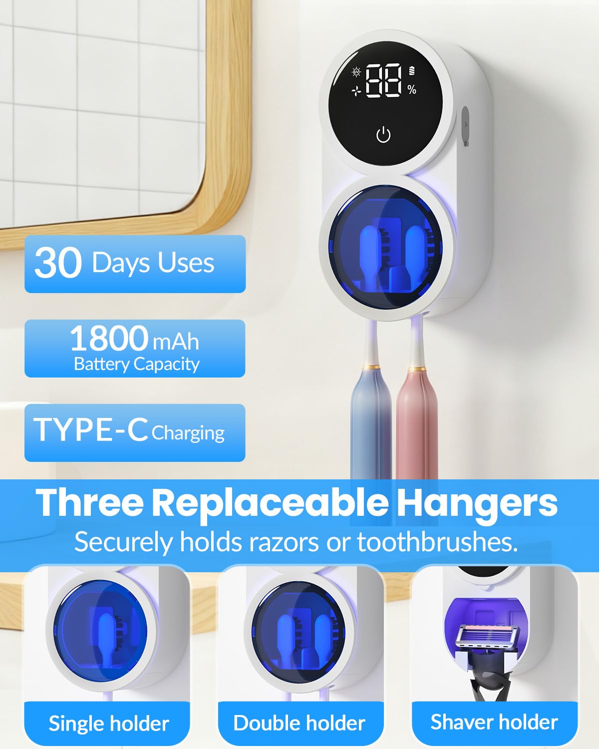 Toothbrush Sanitizer Holder, GEVOODIX Tooth Brush Holder for Bathroom, Wall-Mounted Toothbrush Holders Organizer Auto-Inductive Cover, 140℉ Air Drying Fits Most Electric, Manual and Kids’ Toothbrushes
