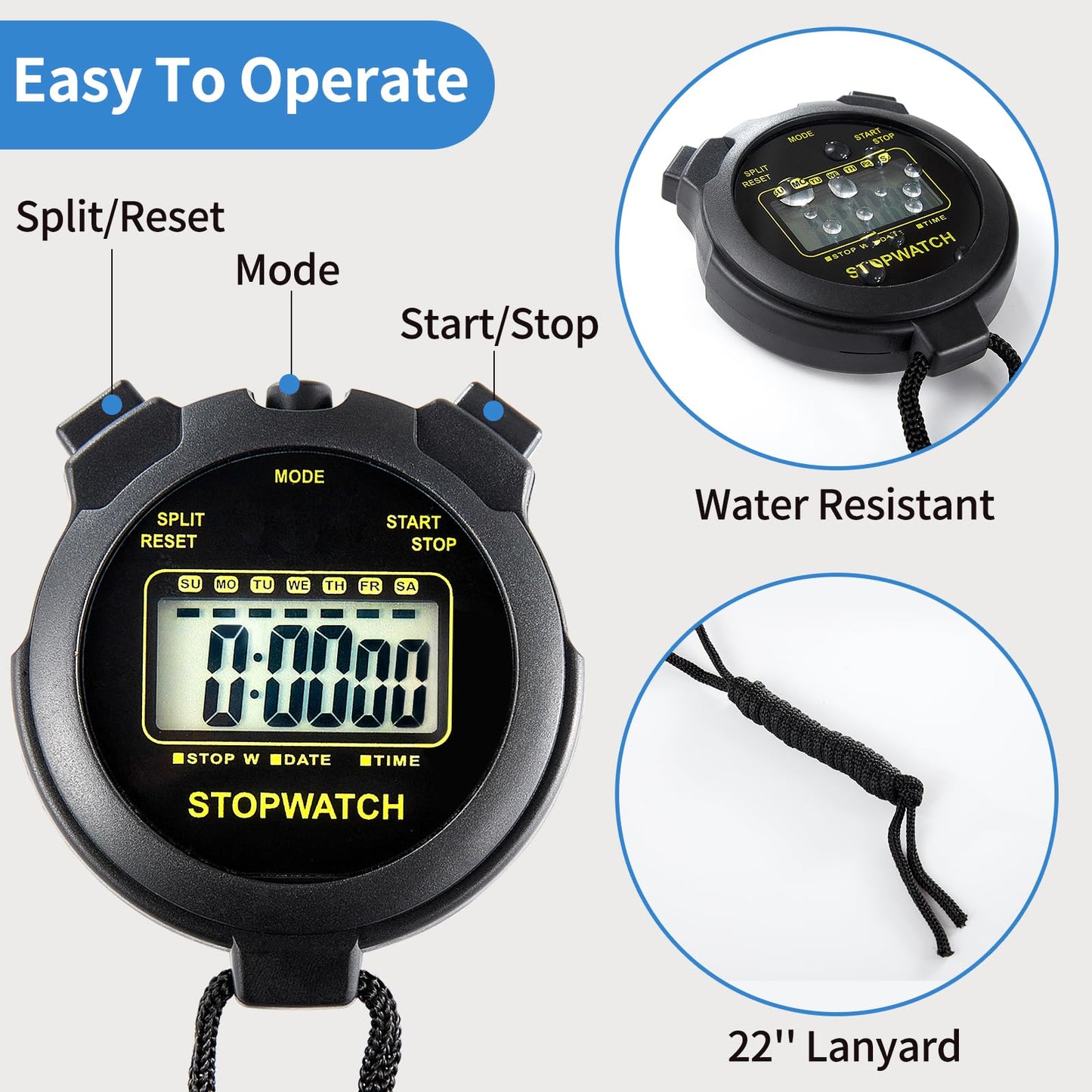 Digital Stopwatch Timer Large Display with Clock and Date, No Alarm Function, Simple Stopwatches for Sports Coaches Running Swimming Kids Training-2 Pack Black