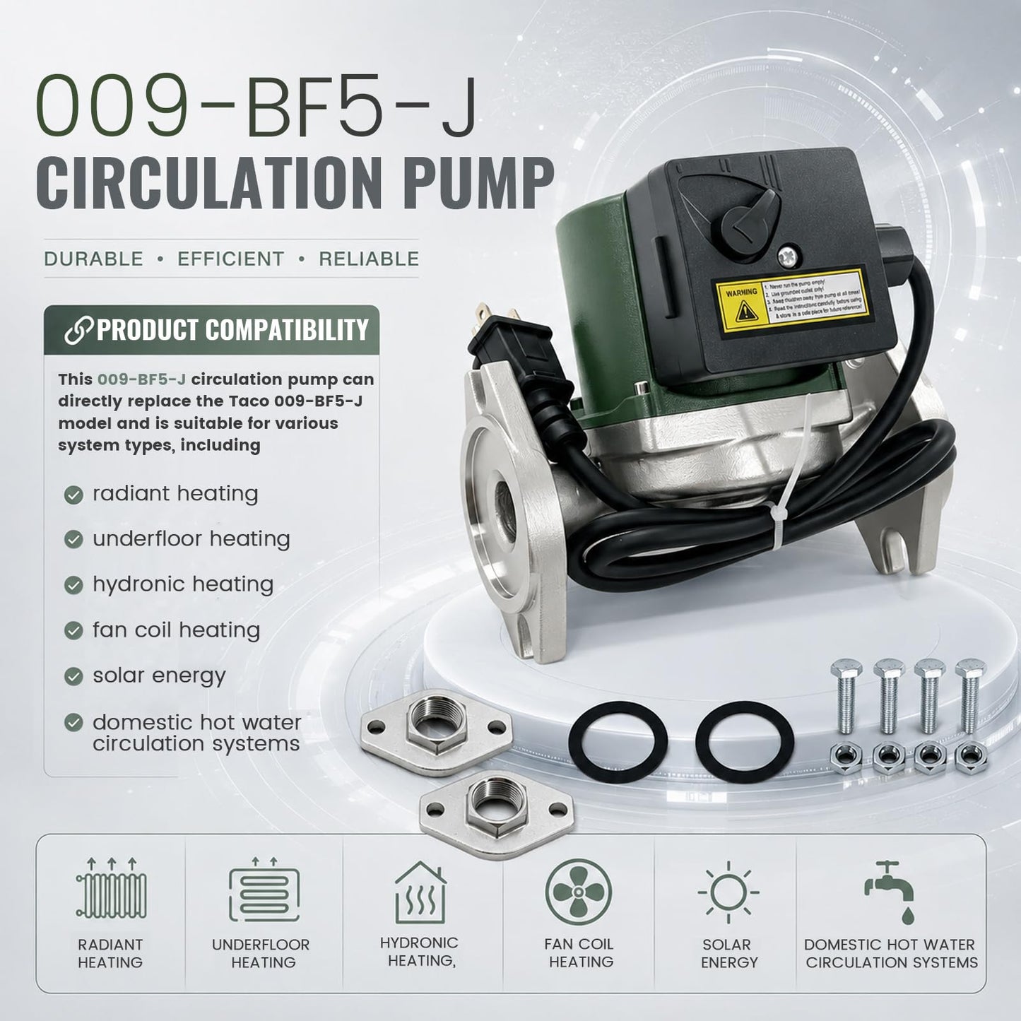 009-BF5-J Circulator Pump 1/8HP Stainless Steel Compatible with Taco 009-F5 115V 1.4A 1Phase Domestic Hot Water/Radiant Heating/Hydraulic Heating/Fan Coil Heating/Solar Energy & Other System Types