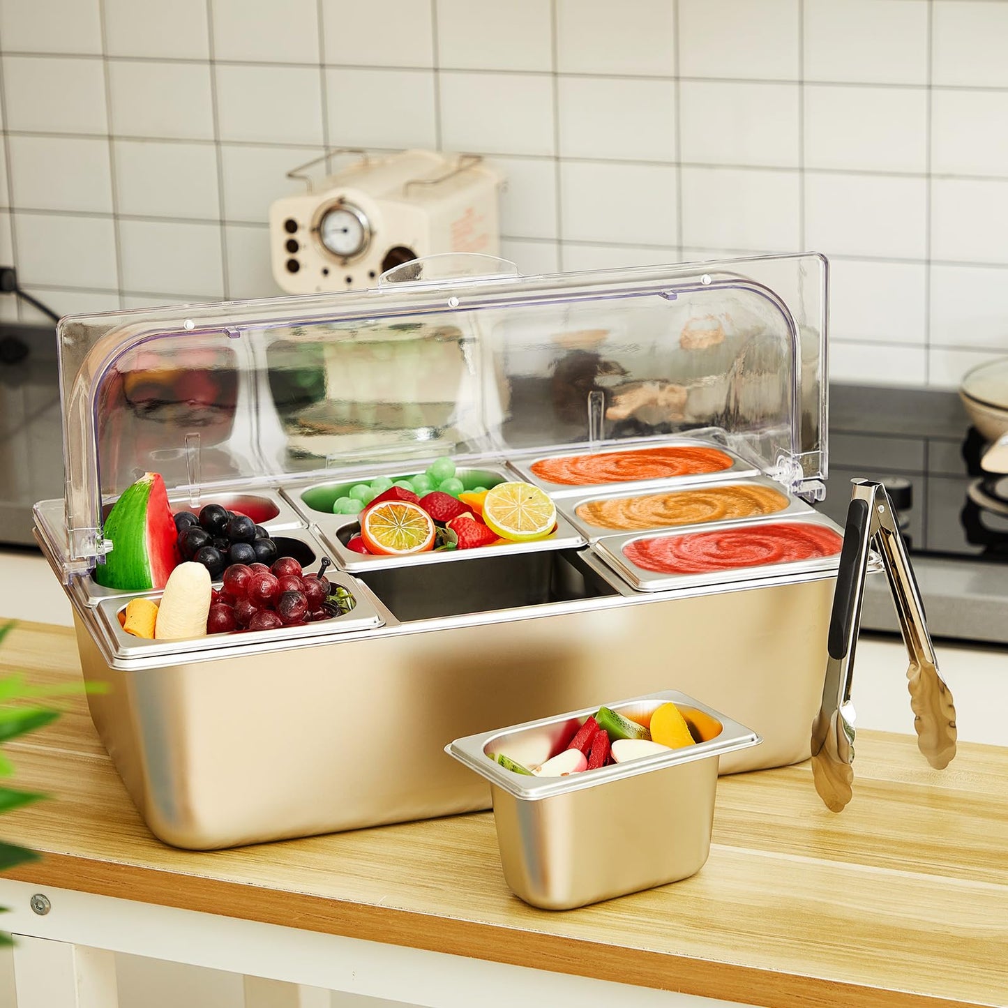 Condiment Tray Stainless Steel Serving Display Set with Lid for Buffet Restaurant Kitchen, Food Chilled Container for Salad Fruit Condiments, Keeps Food Fresh with Ice Box(9 Compartments)