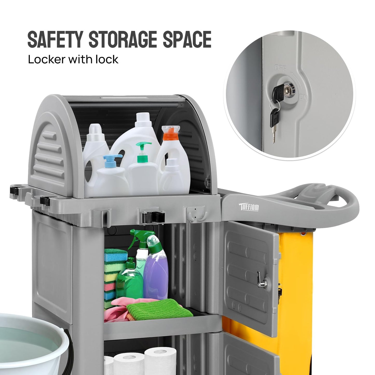 TUFFIOM Janitorial Cart on Wheels, 3 Shelf Commercial Cleaning Cart with Key Locking-Cabinet, Grey Housekeeping Cart with Locker and Cleaning Bag, for Hotel, Business, Office, Stadium Use