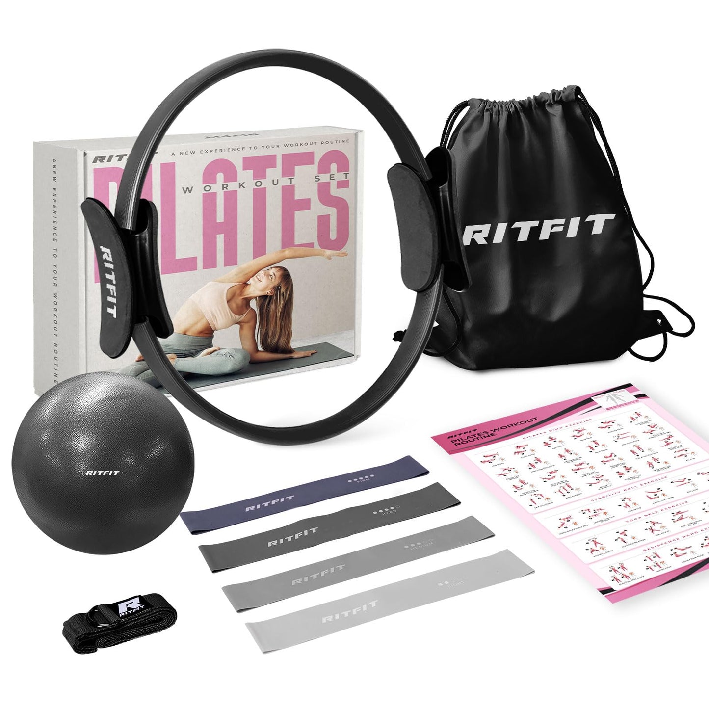 RitFit Pilates Kit - 14 Inch Pilates Ring Magic Circle with Pilates Ball, Resistance Bands & Yoga Strap, Pilates Equipment for Home Workout Toning Thighs, Arms and Core (Black)