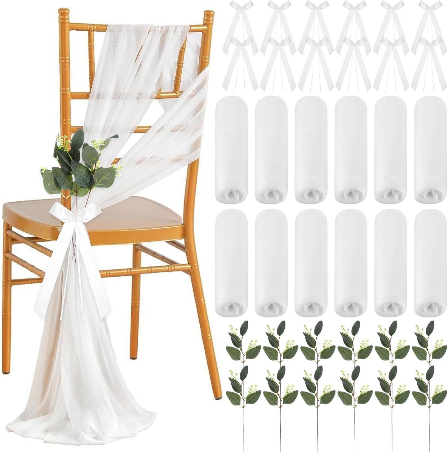 Regine Switzerland Wedding Aisle Decorations - 24 Sets of Elegant White Ribbon Bows with Eucalyptus Stems for Ceremony and Chair Sashes