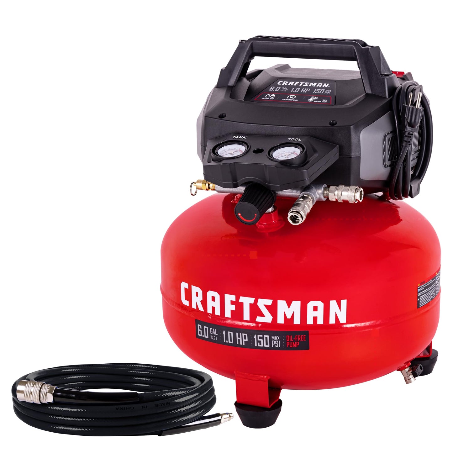CRAFTSMAN 6 Gallon Portable Pancake Air Compressor, Oil-Free, Max 150 PSI, 1 HP, 2.6 SCFM @ 90 PSI, with 25 ft Air Hose and 2 Quick Couplers, Model CMXECXA0210641C