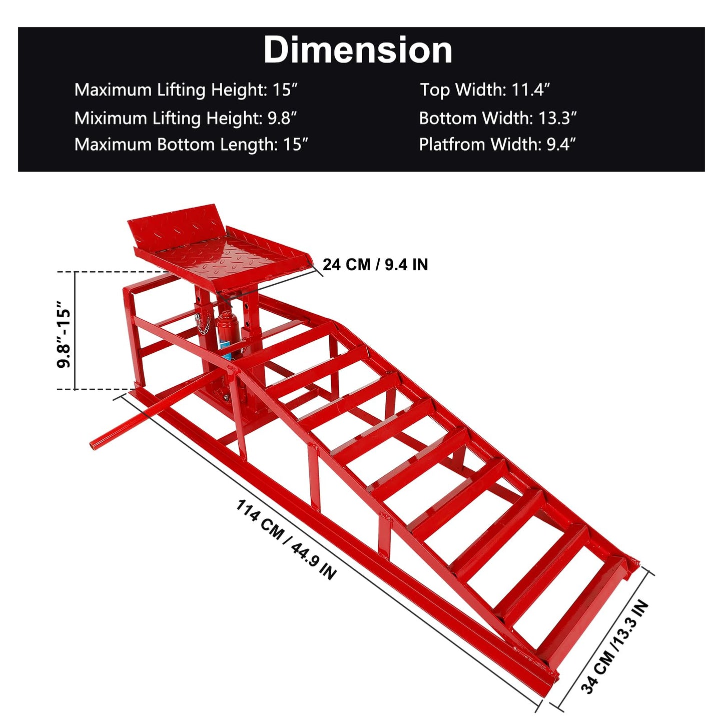2-Pack 5 Ton Low Profile Hydraulic Car Ramps with Built-in Jack, Adjustable Vehicle Lift Service Ramps, 9.8" to 15" Height Range, Heavy Duty Steel Ramps for Oil Changes, SUVs & Light Trucks