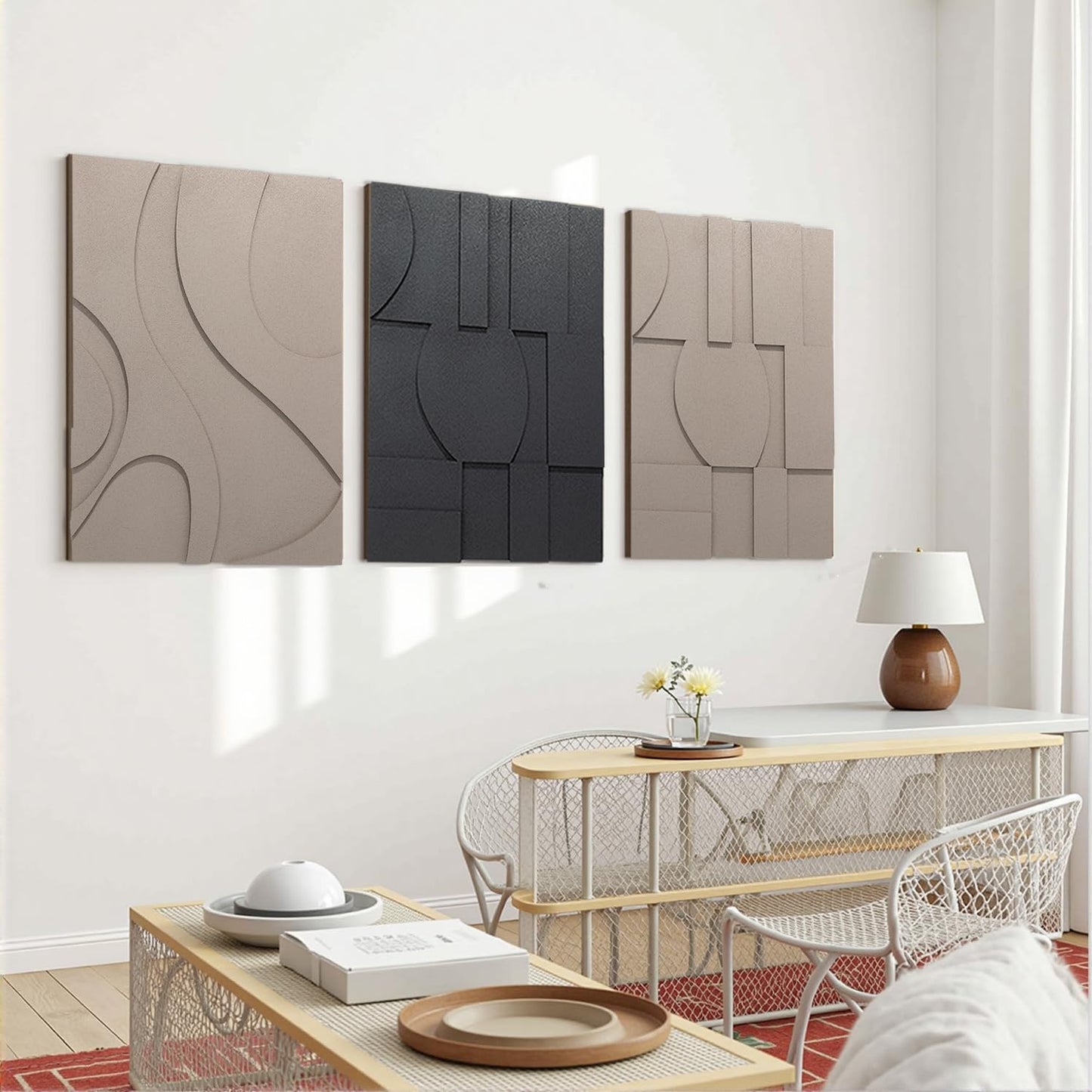 OIUYTOH 3D Textured Abstract Wall Art - Modern Black & Beige Geometric Design | 24x36 Inch Decor for Living Room, Dining Room, Bedroom, Office