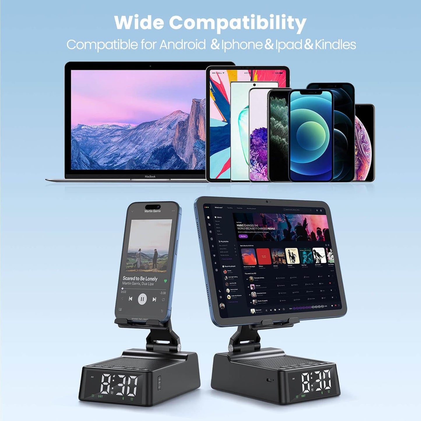 FunPay Gift for Women Men, Cell Phone Stand with Wireless Bluetooth Speaker and Alarm Clock Adjustable Cellphone Holder