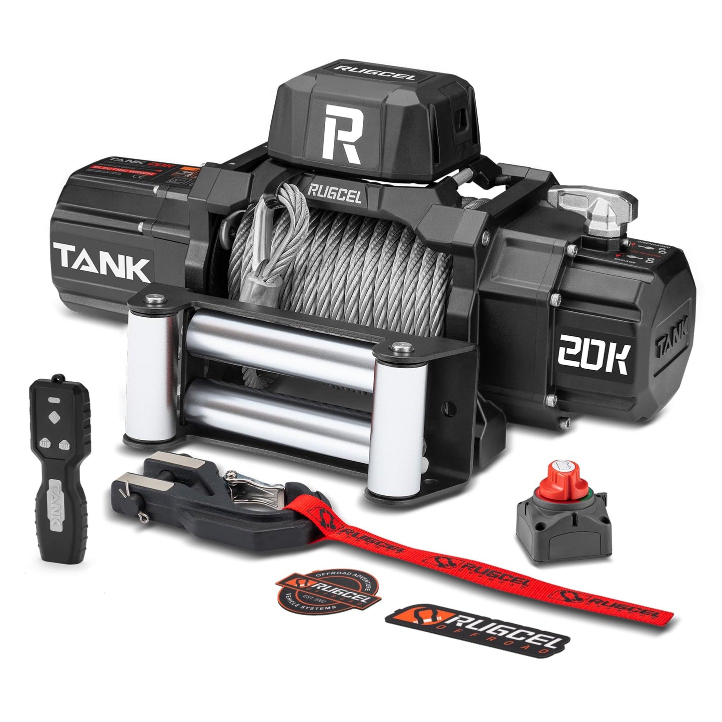 RUGCEL WINCH 20000lb Waterproof Electric Steel Rope Winch 12V with Hawse Fairlead,Black Rope，for Truck SUV