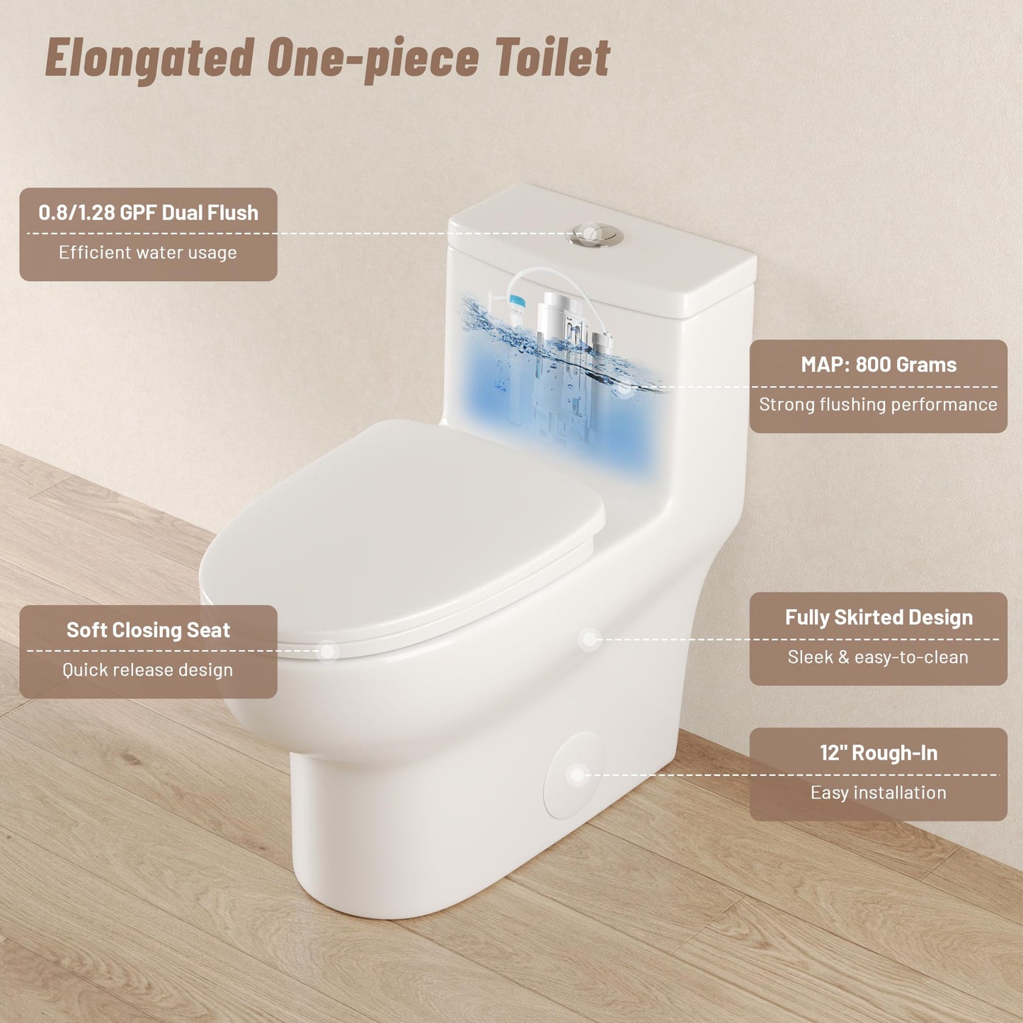DeerValley Elongated Toilet with Comfort ADA Seat Height Modern 12" Rough-In One Piece Toilet for Bathroom Dual Powerful Flush DV-1F026Pro