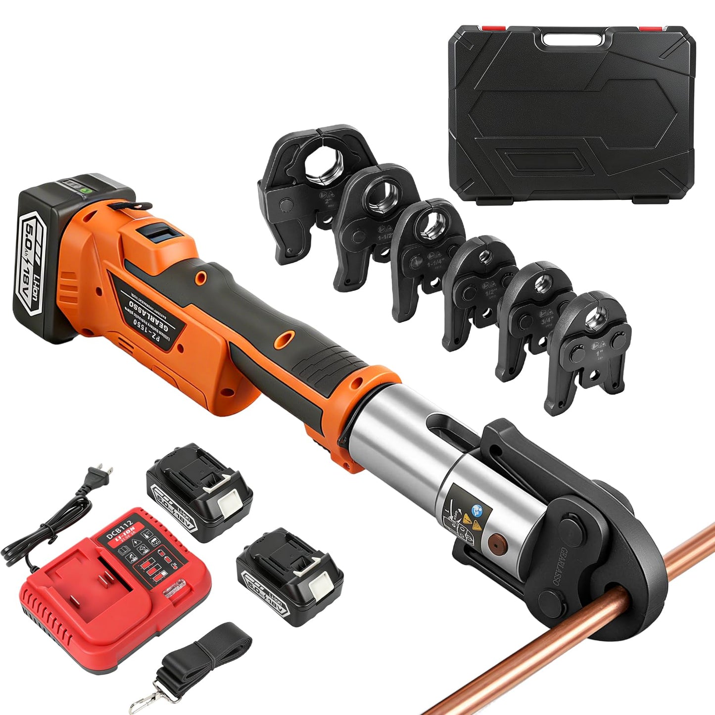 GEARLASSO 18V Brushless Copper Pipe Press Tool Kit for 1/2", 3/4", 1", 1-1/4", 1-1/2", 2", Electric Crimping Tool with 6 Jaws, 2-Pack 5.0Ah Batteries, OLED Display & Bluetooth